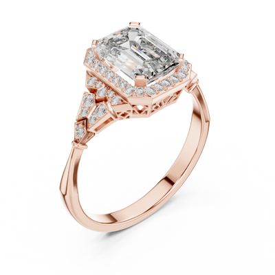 emerald diamond art deco halo engagement ring in rose gold
