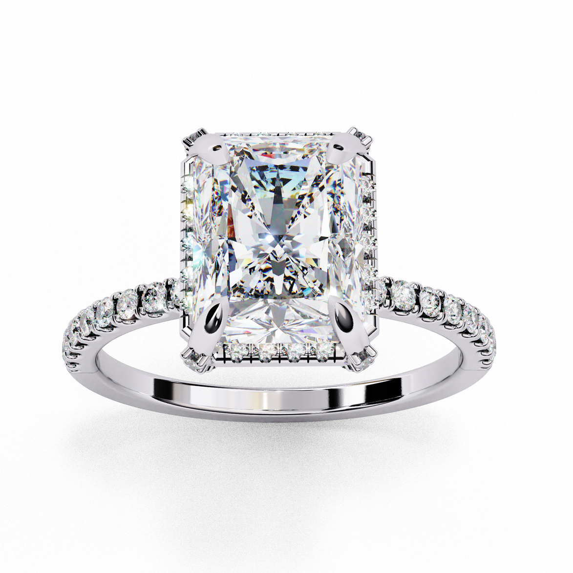 White gold radiant cut lab grown diamond engagement ring with a diamond halo and pavé band.