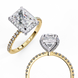 White gold radiant cut lab grown diamond engagement ring with a diamond halo and pavé band.