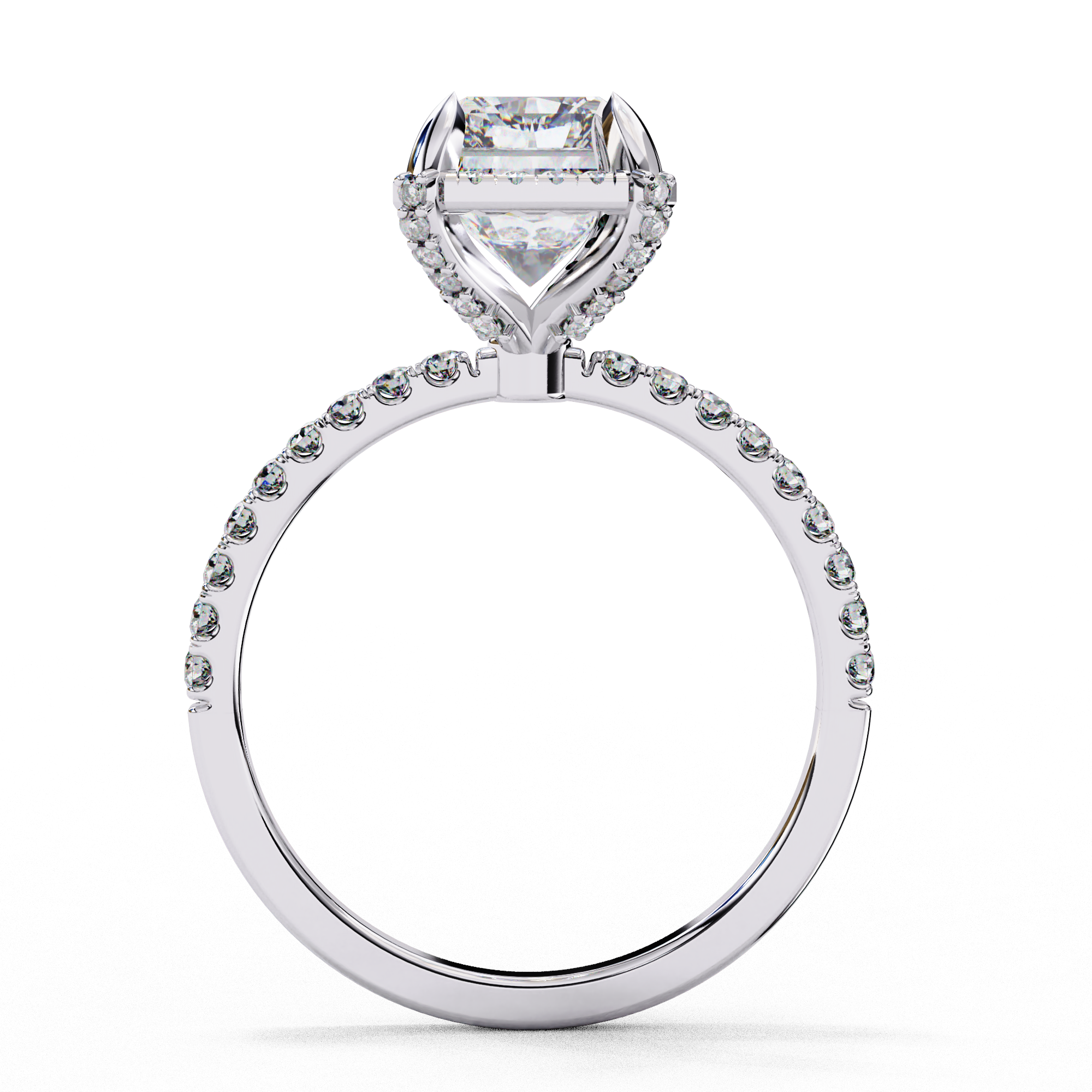Side profile of a radiant cut lab grown diamond engagement ring with a hidden halo and pavé band in white gold
