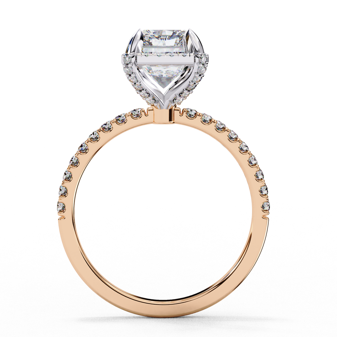 Side profile of a radiant cut lab grown diamond engagement ring with a hidden halo and pavé band in rose gold