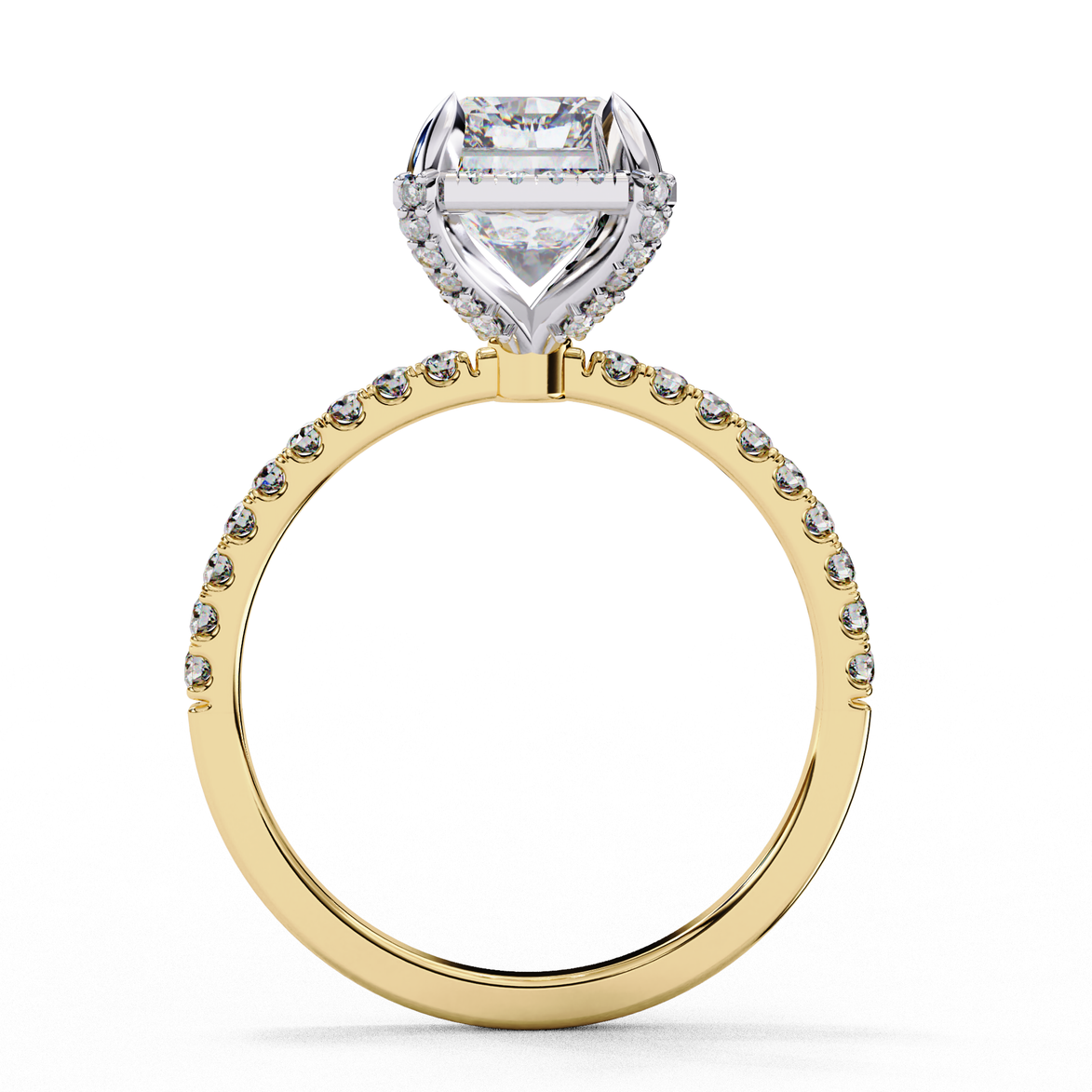 Side profile of a radiant cut lab grown diamond engagement ring with a hidden halo and pavé band in yellow gold