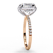 Rose gold radiant cut lab grown diamond engagement ring with a pavé band shown from a side profile view.