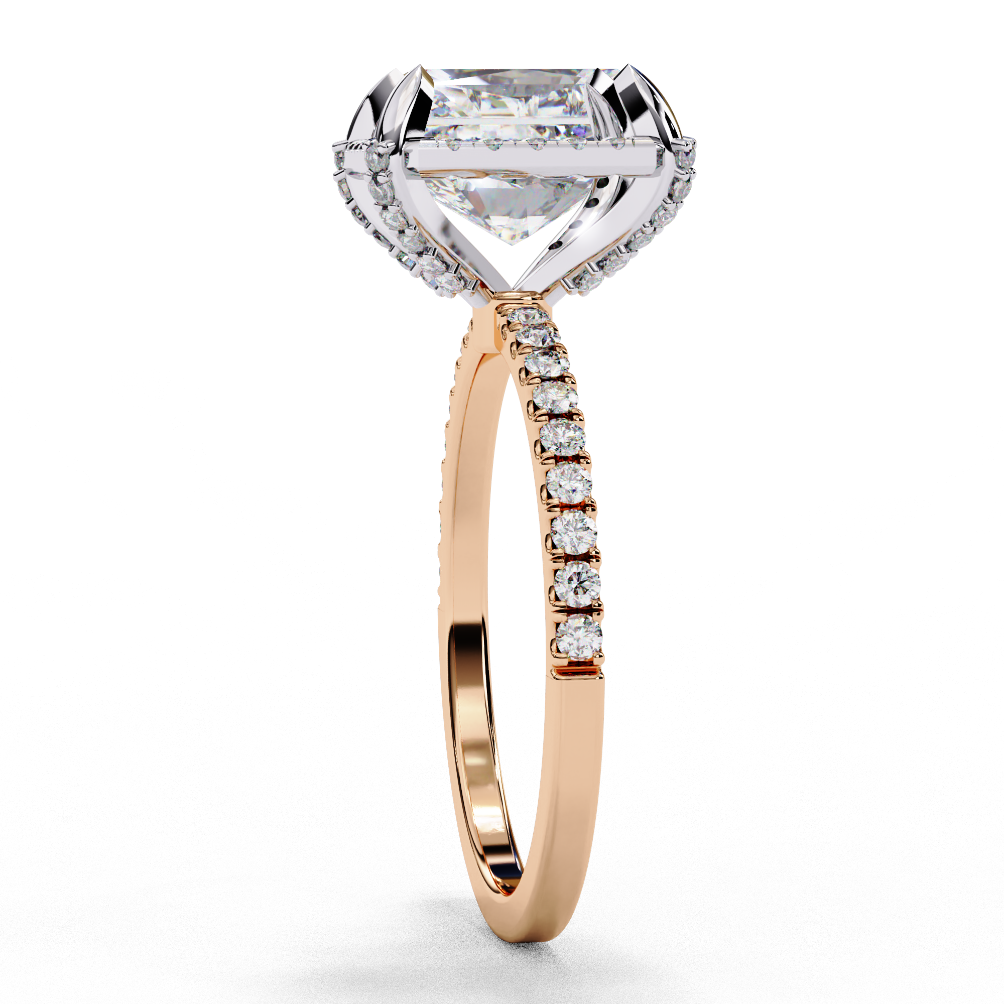 Rose gold radiant cut lab grown diamond engagement ring with a pavé band shown from a side profile view.