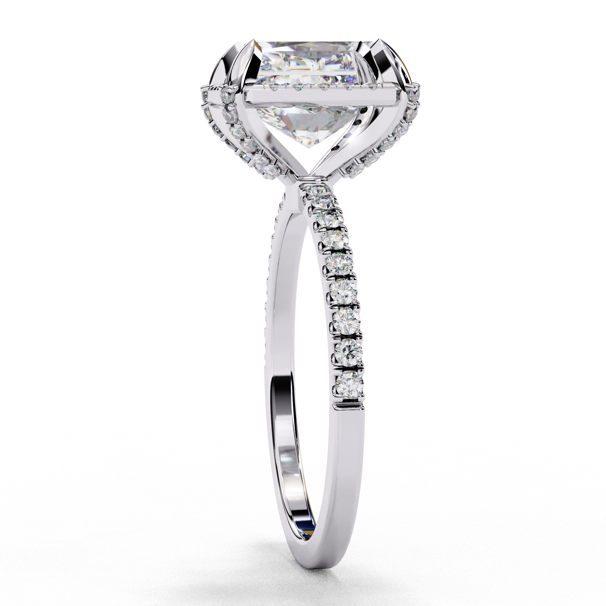 White gold radiant cut lab grown diamond engagement ring with a pavé band shown from a side profile view.
