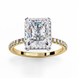 Yellow gold radiant cut lab grown diamond engagement ring with a diamond halo and pavé band.