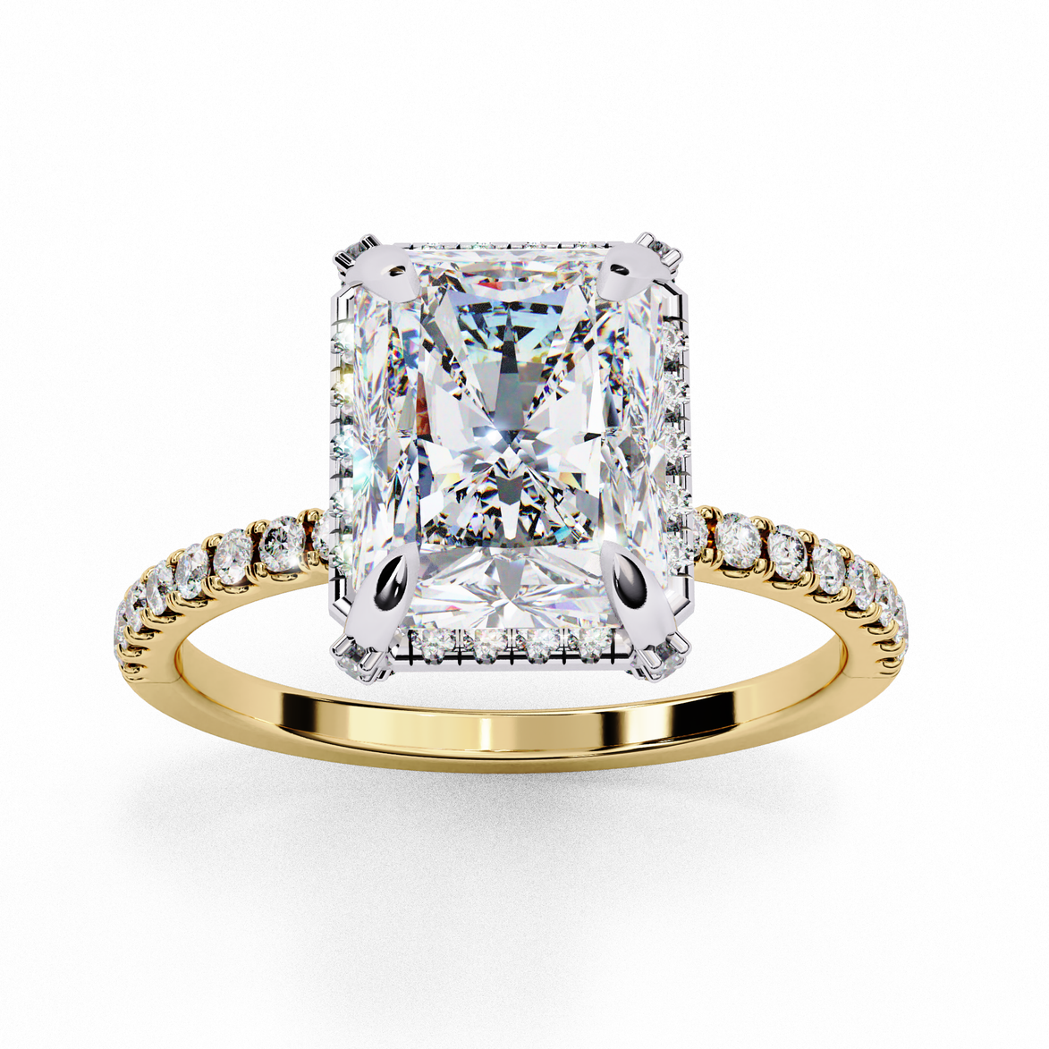 Yellow gold radiant cut lab grown diamond engagement ring with a diamond halo and pavé band.