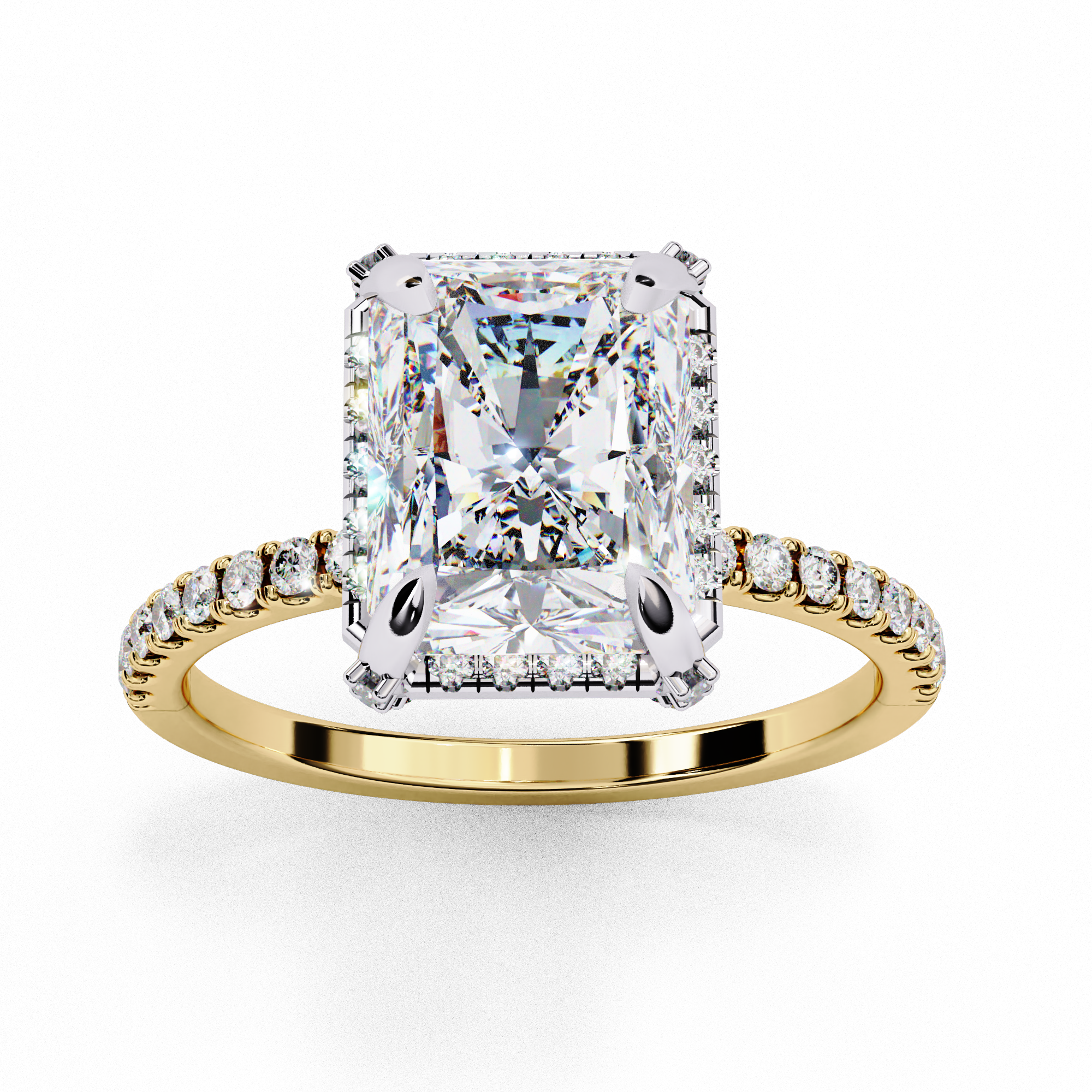 Yellow gold radiant cut lab grown diamond engagement ring with a diamond halo and pavé band.