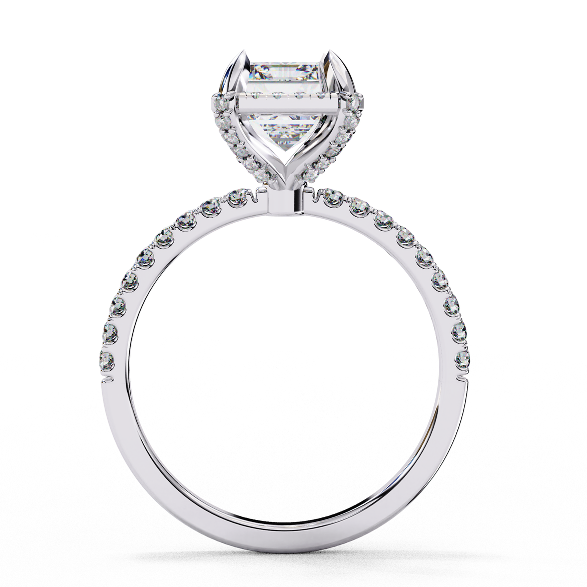 Side profile view of a white gold radiant cut lab grown diamond engagement ring with a pavé band.