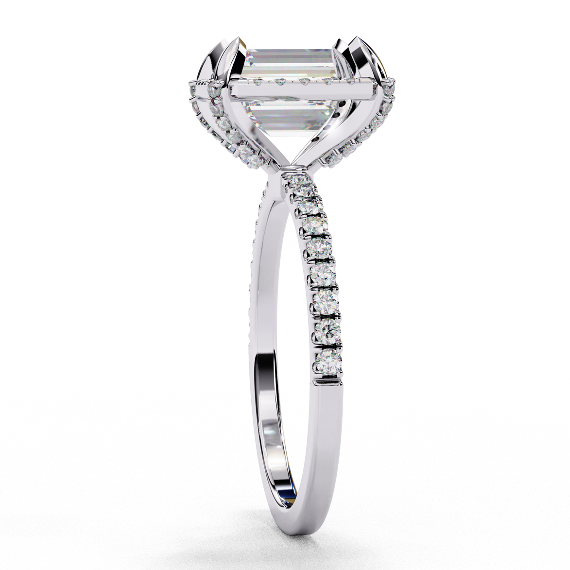 Rose gold radiant cut lab grown diamond engagement ring with a diamond halo and pavé band.