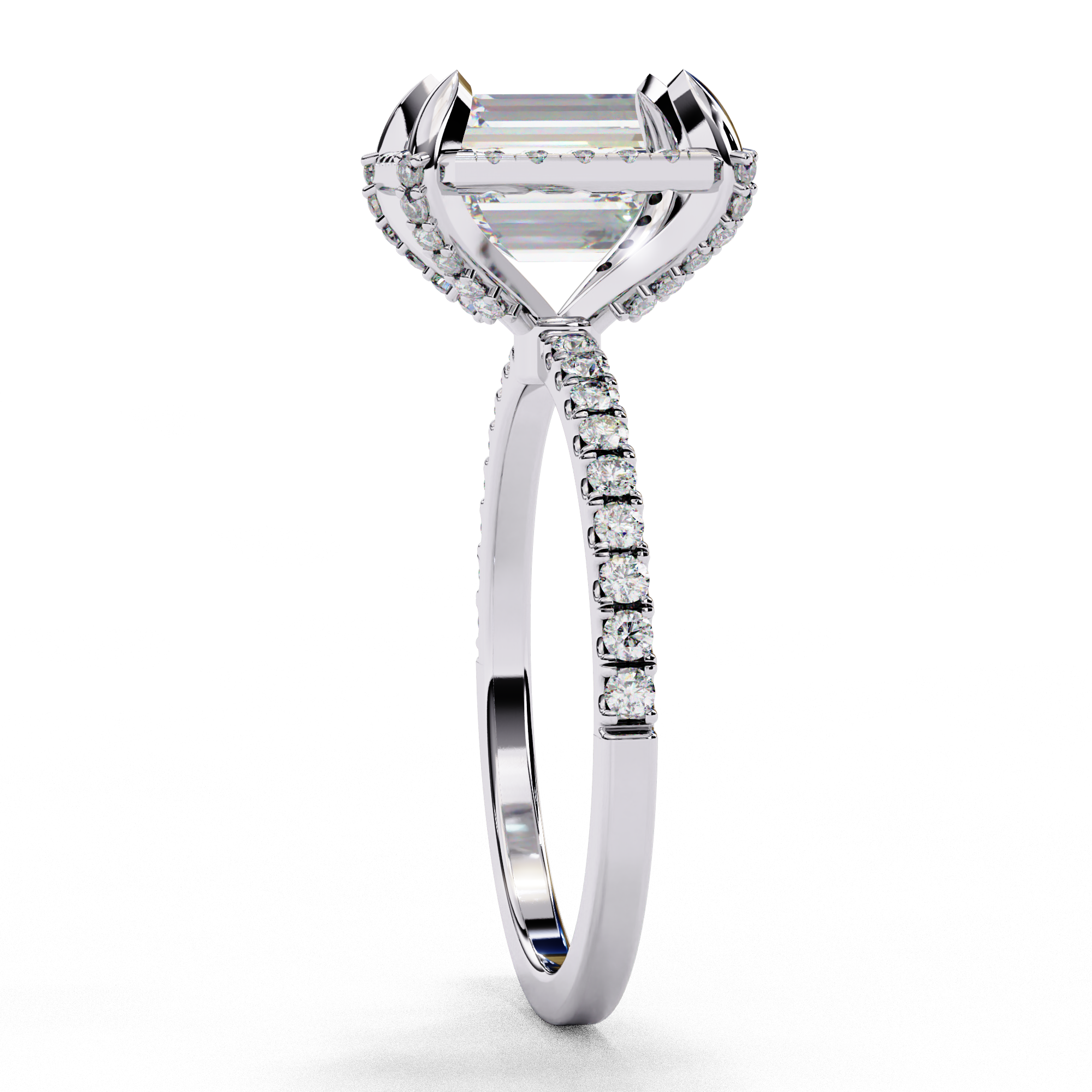 Rose gold radiant cut lab grown diamond engagement ring with a diamond halo and pavé band.