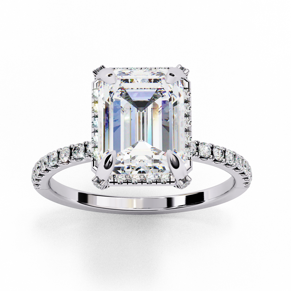 Side profile of a radiant cut lab grown diamond engagement ring with a hidden halo and pavé band in white gold.