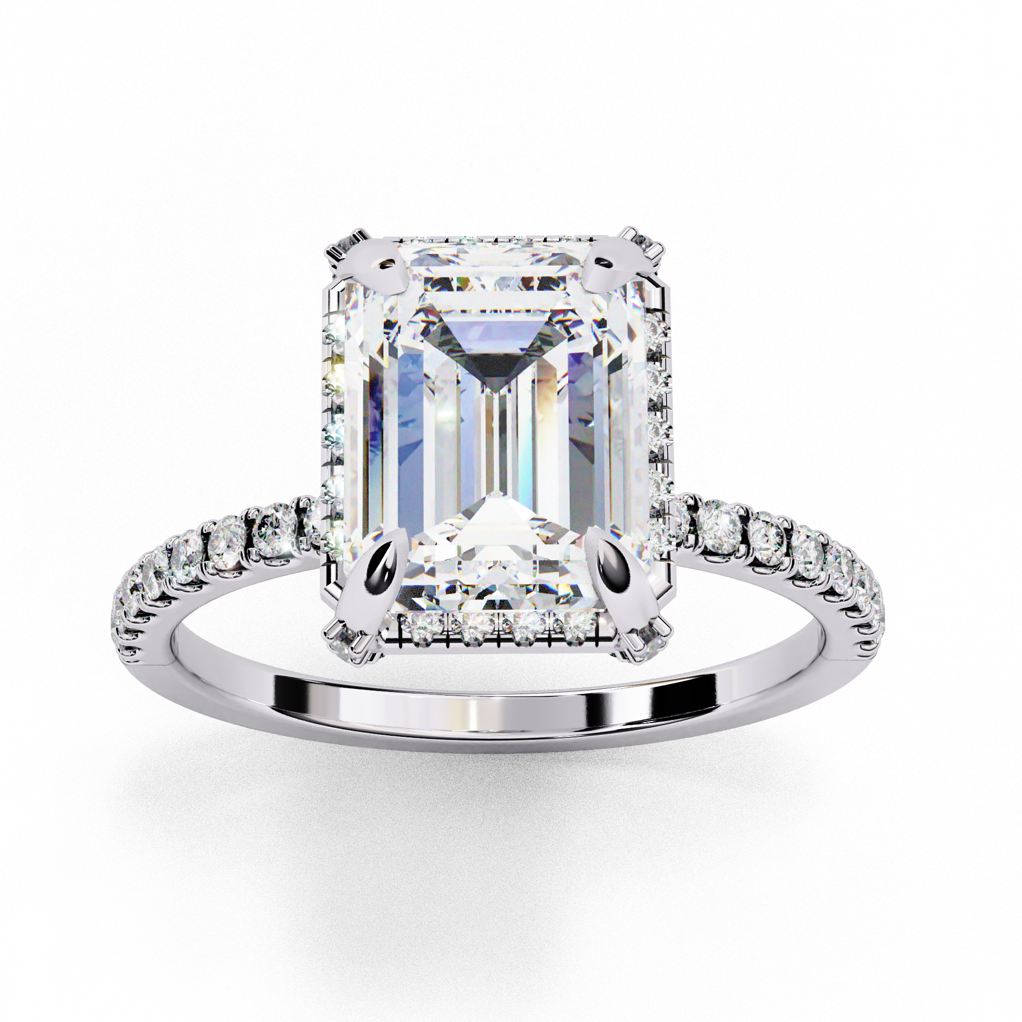 Side profile of a radiant cut lab grown diamond engagement ring with a hidden halo and pavé band in white gold.