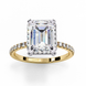 Side profile of a radiant cut lab grown diamond engagement ring with a hidden halo and pavé band in yellow gold.