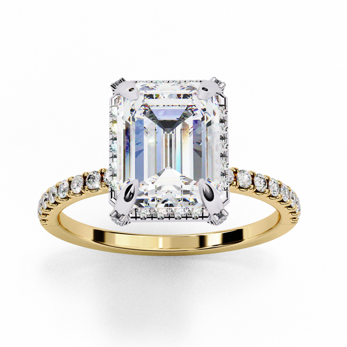 Side profile of a radiant cut lab grown diamond engagement ring with a hidden halo and pavé band in yellow gold.