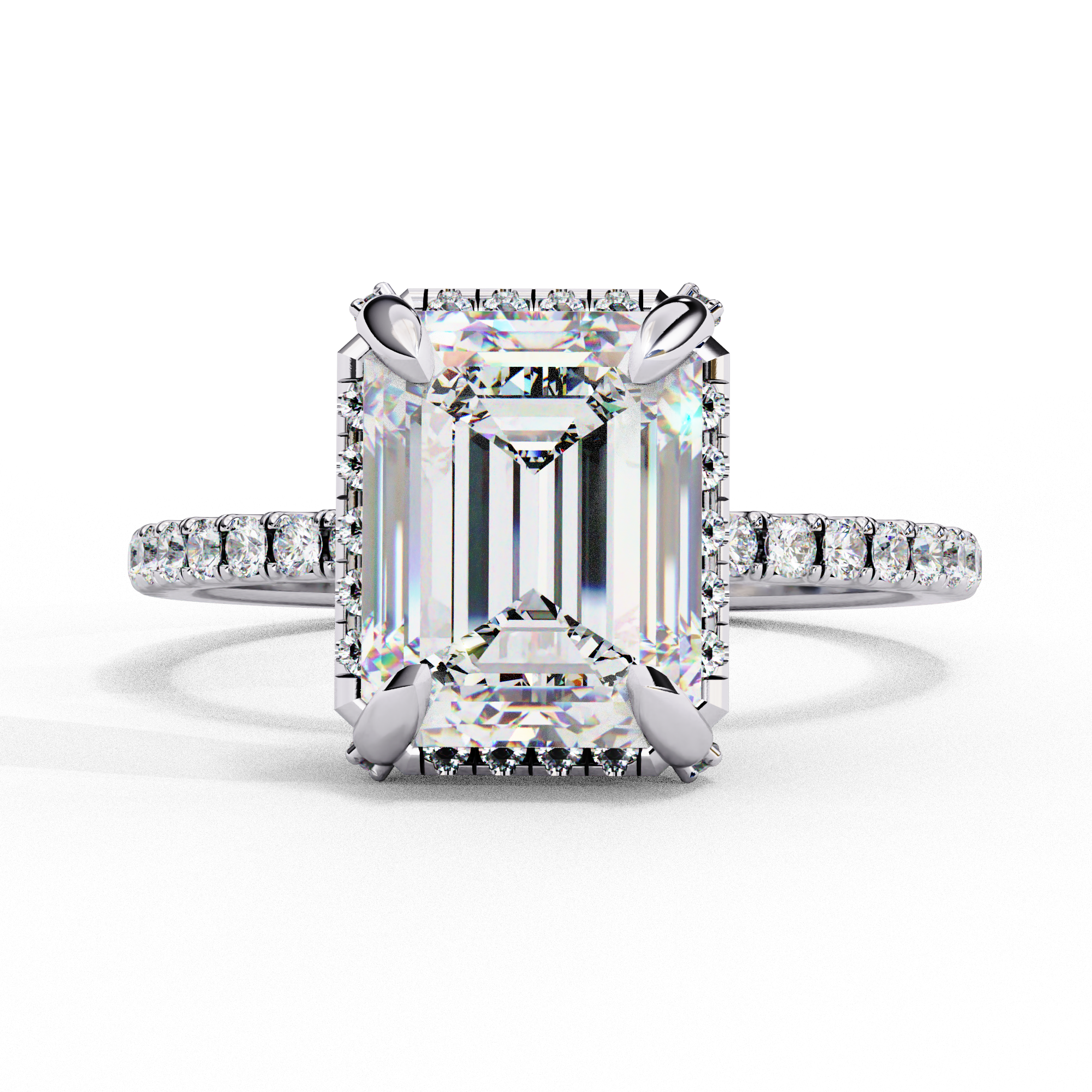 Top-down view of a rose gold radiant cut lab grown diamond engagement ring with a sparkling diamond halo.