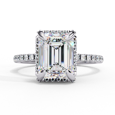 Top-down view of a rose gold radiant cut lab grown diamond engagement ring with a sparkling diamond halo.