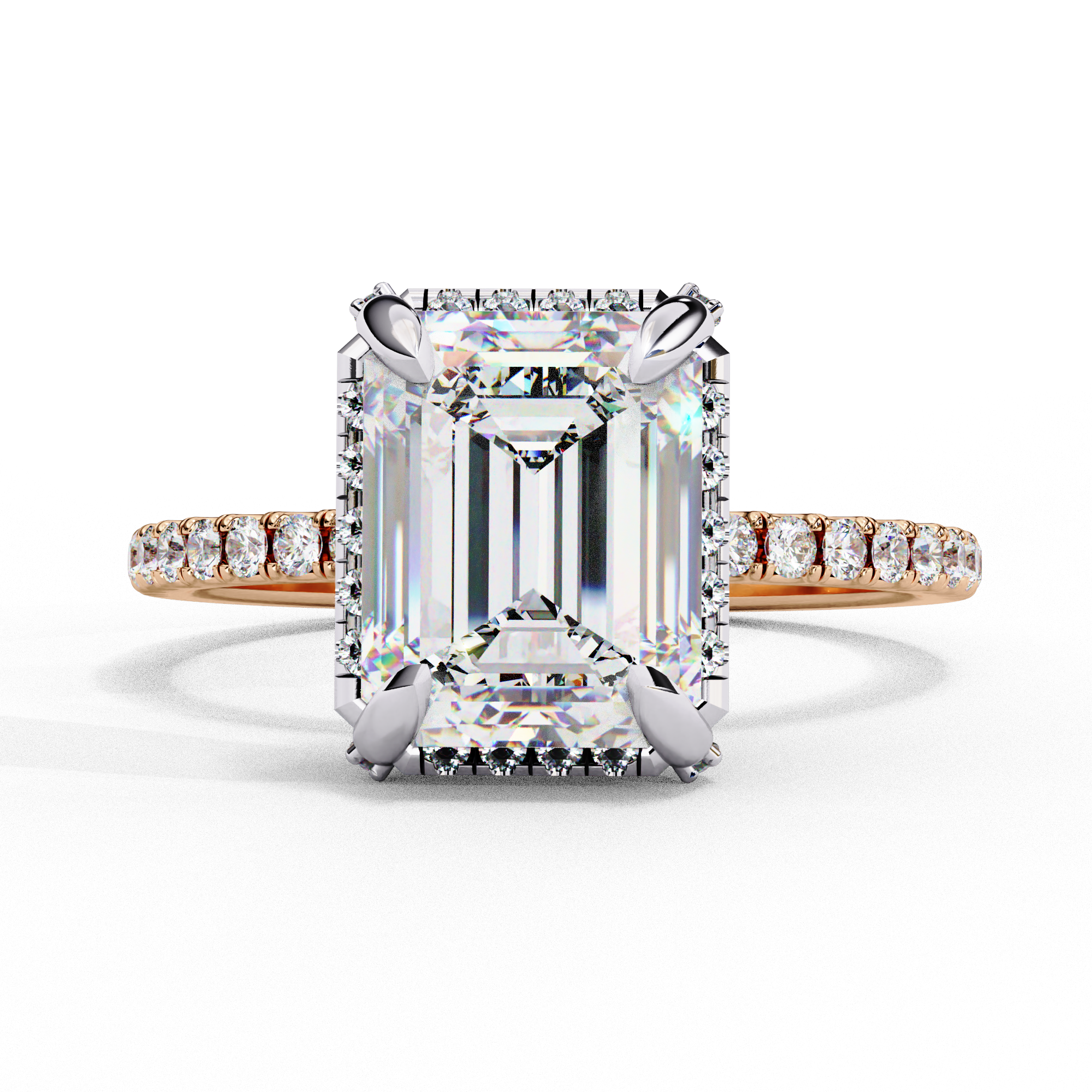 Side profile view of a rose gold radiant cut lab grown diamond engagement ring with a pavé band.