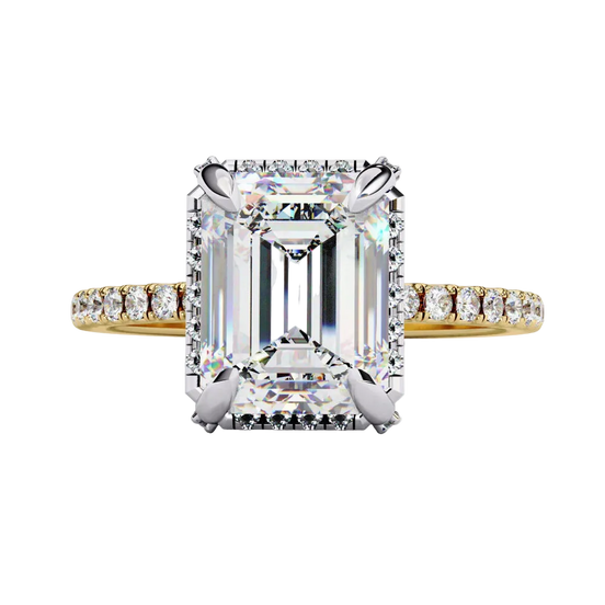 Emerald cut diamond engagement ring in yellow gold from a side angle.