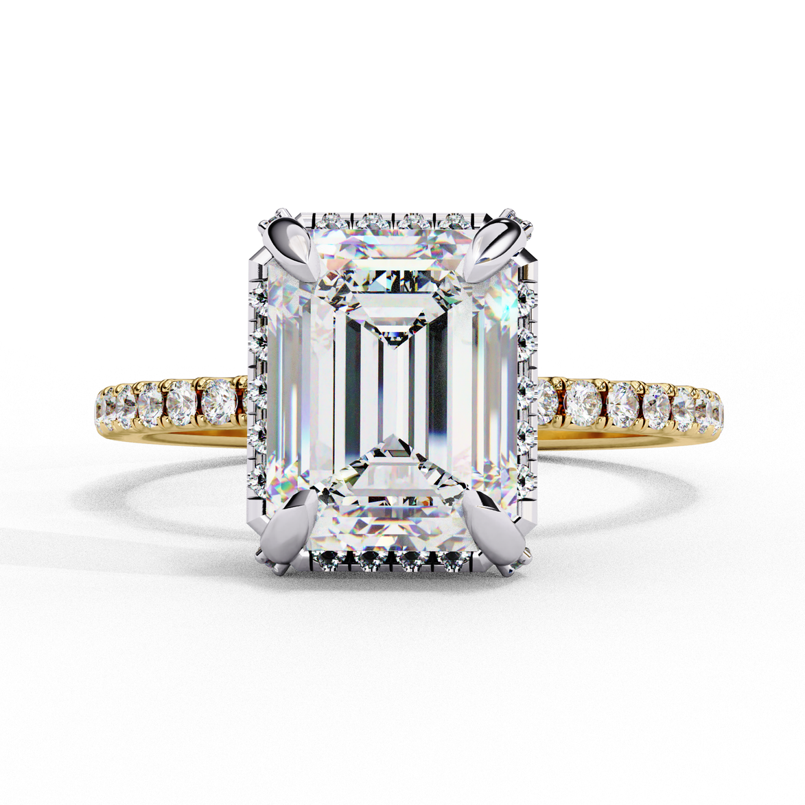 Side profile view of a yellow gold radiant cut lab grown diamond engagement ring with a pavé band.