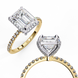 Close-up angled shot of a yellow gold radiant cut lab grown diamond engagement ring highlighting the diamond halo and pavé band.