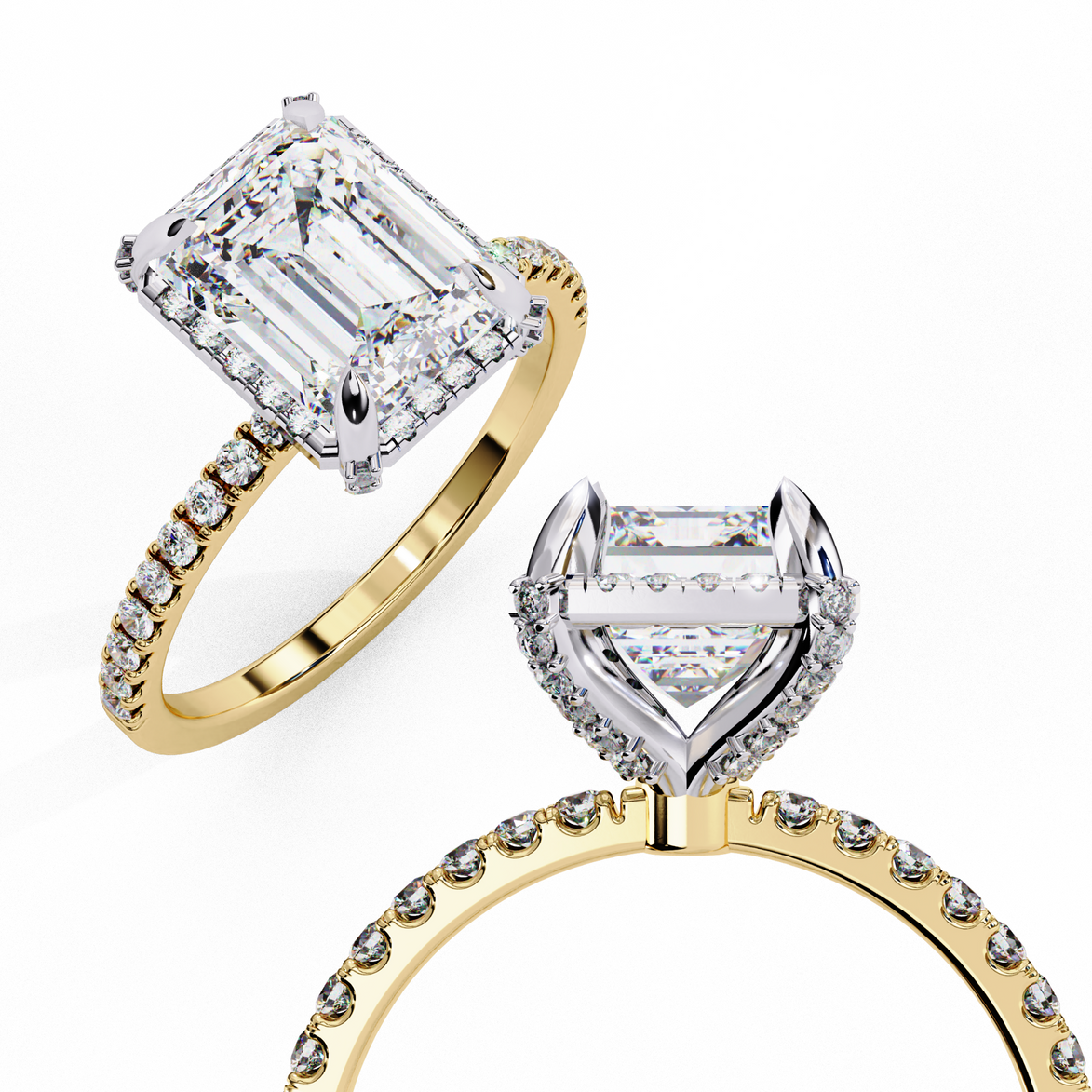 Close-up angled shot of a yellow gold radiant cut lab grown diamond engagement ring highlighting the diamond halo and pavé band.