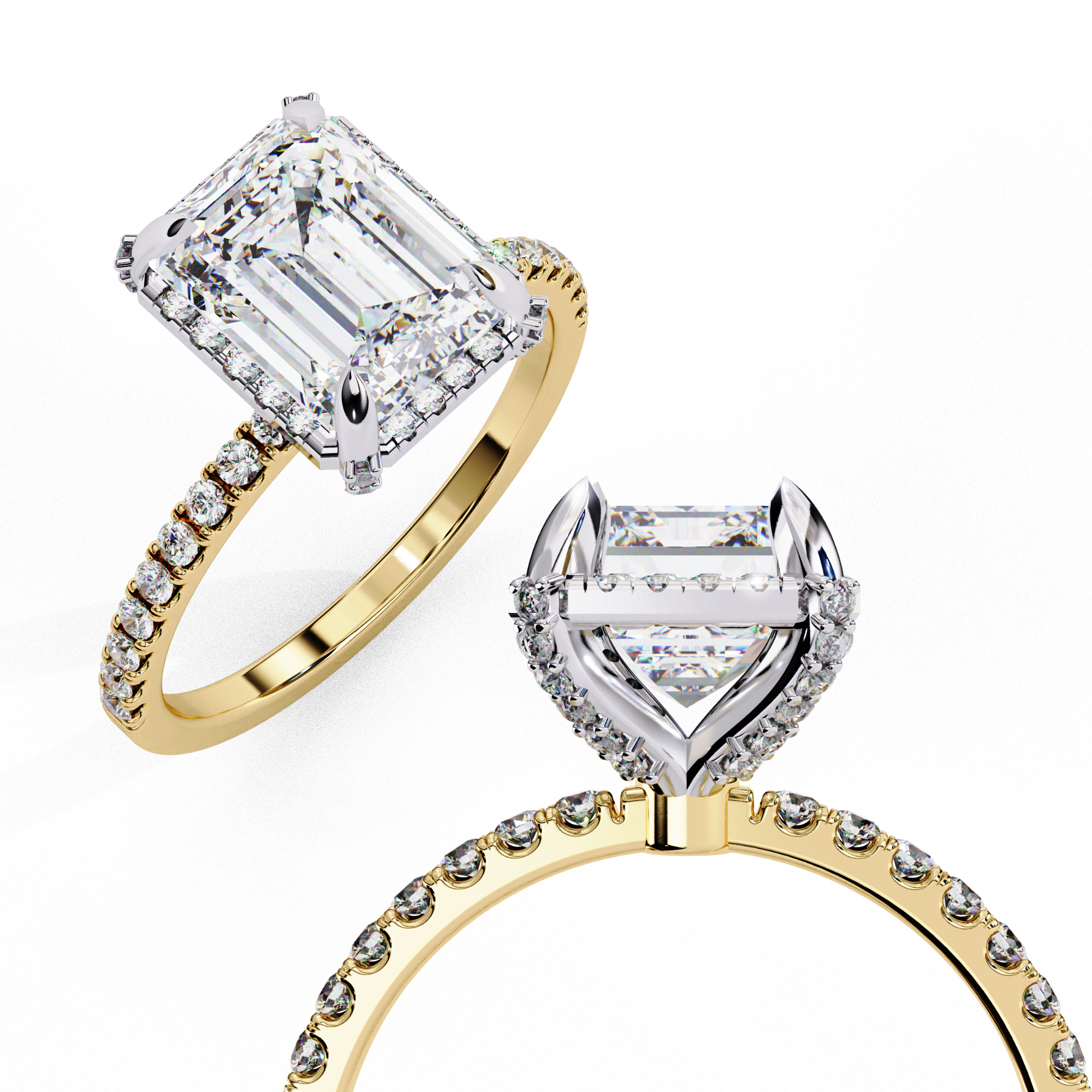 Close-up angled shot of a yellow gold radiant cut lab grown diamond engagement ring highlighting the diamond halo and pavé band.
