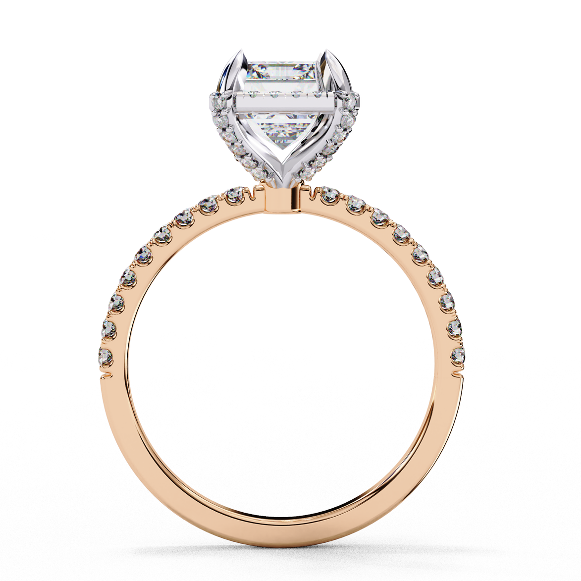 Side profile of a radiant cut lab grown diamond engagement ring with a hidden halo and pavé band in white gold.