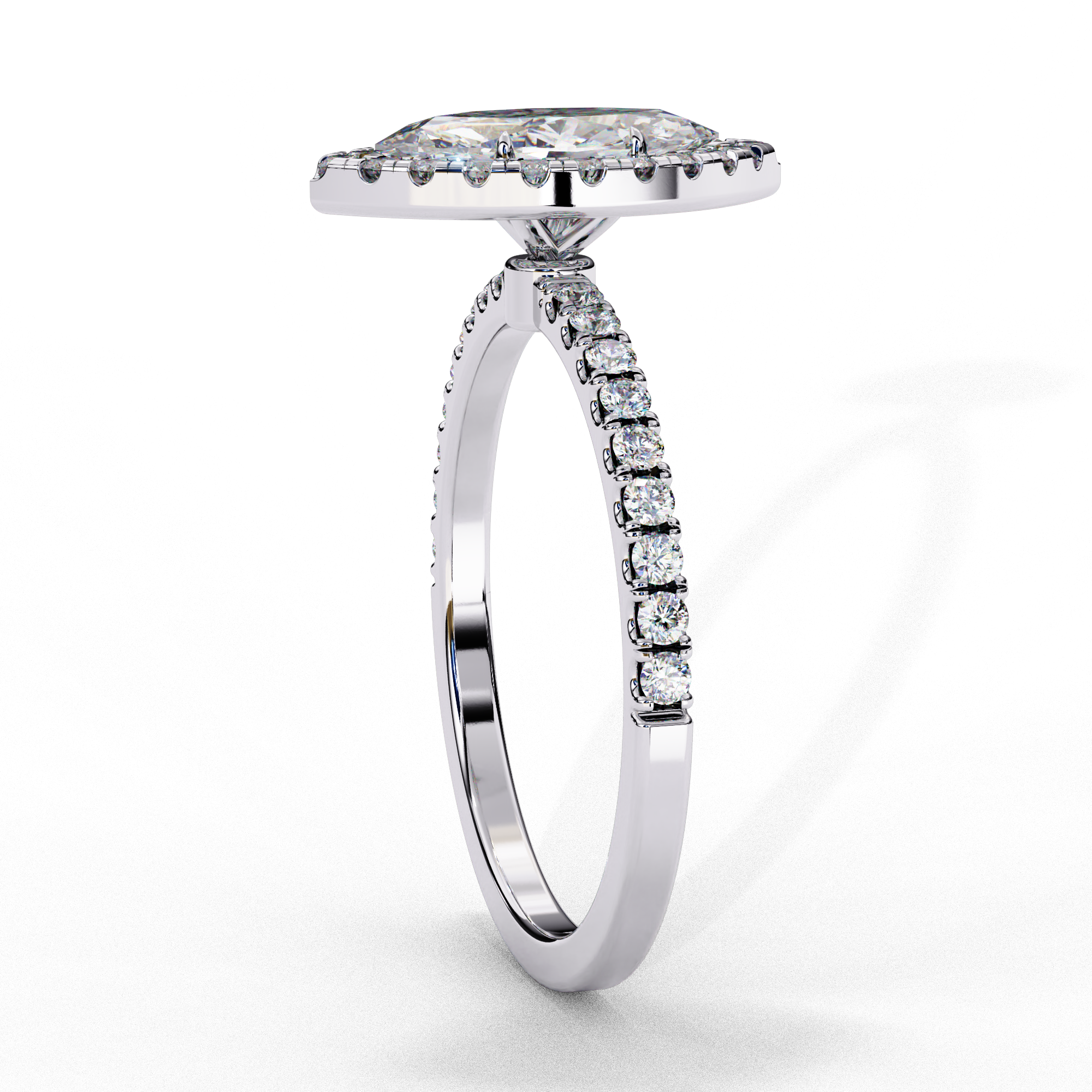 Side profile view of a white gold marquise cut lab grown diamond double halo engagement ring showing the pavé band.