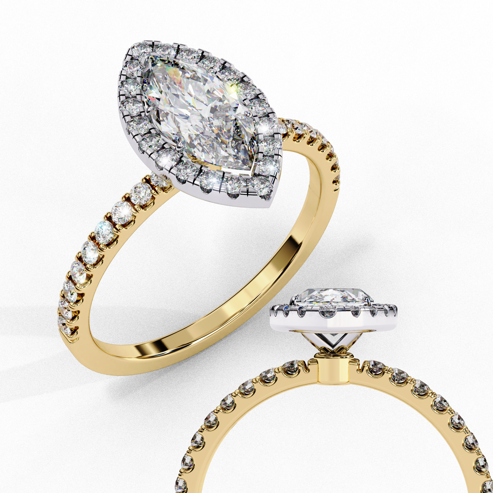 Close-up angled shot of a yellow gold marquise cut lab grown diamond double halo engagement ring.
