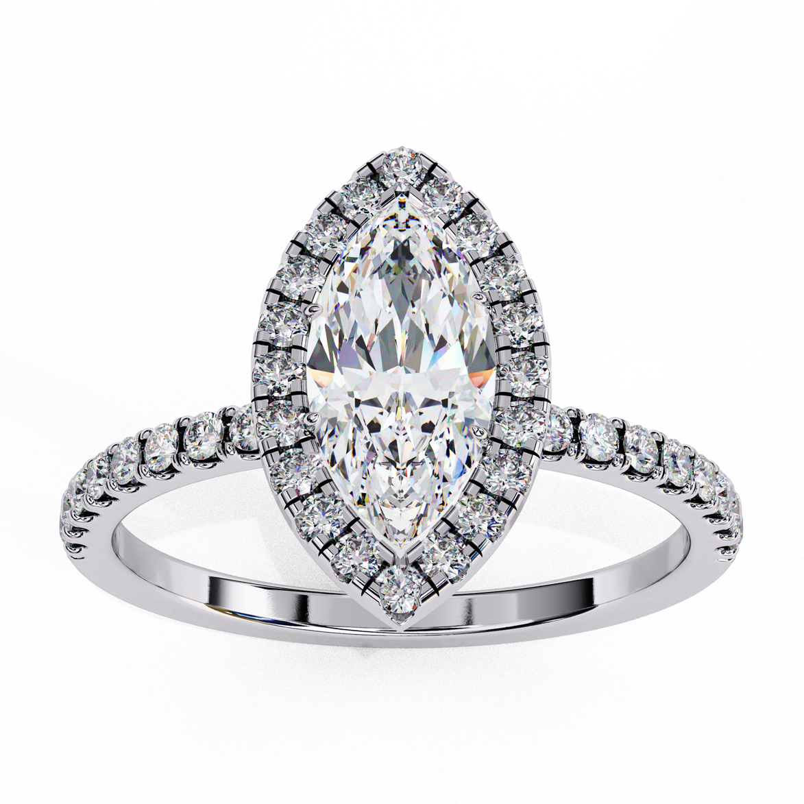 Top-down view of a white gold marquise cut lab grown diamond engagement ring with a brilliant double halo.