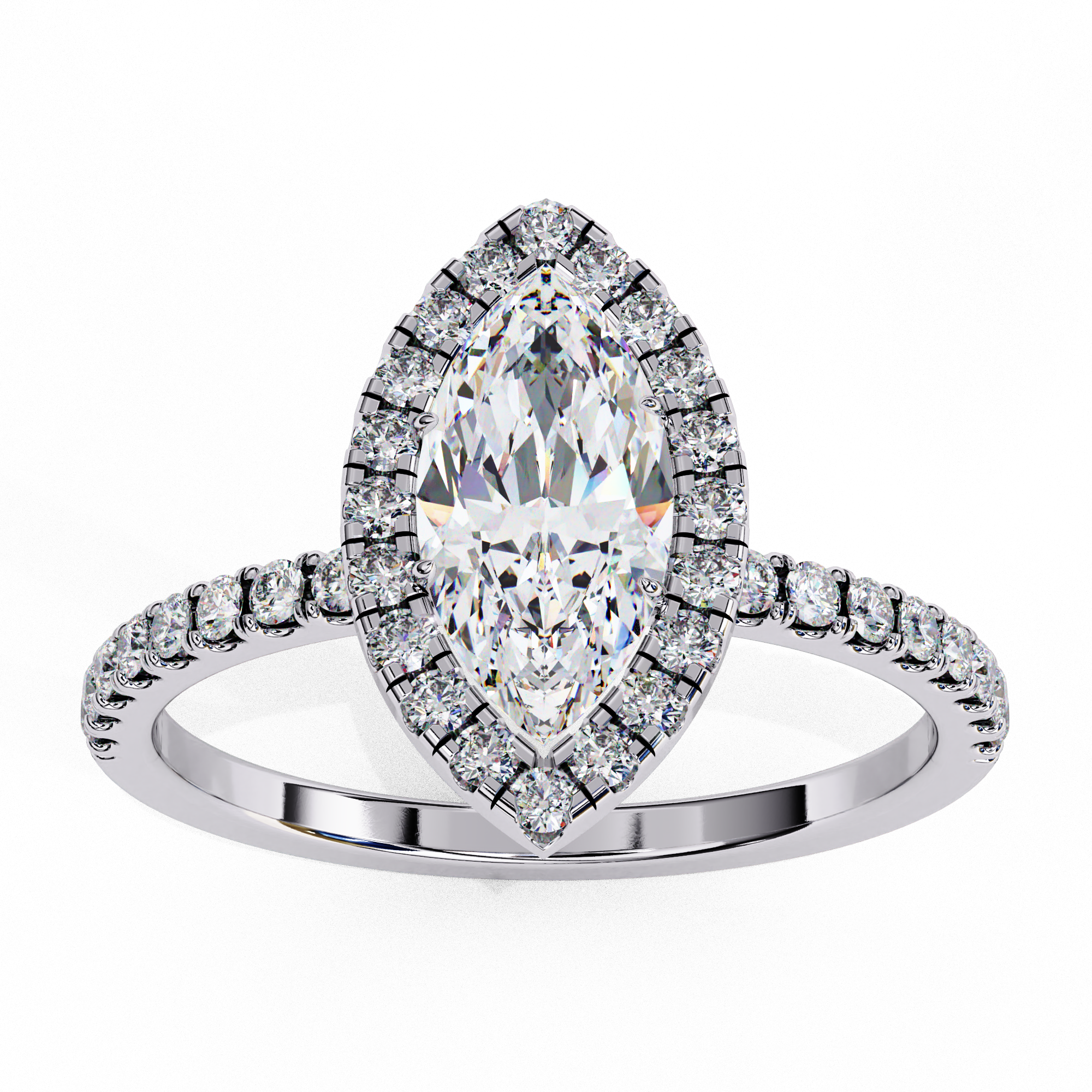 Top-down view of a white gold marquise cut lab grown diamond engagement ring with a brilliant double halo.
