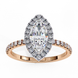 Top-down view of a rose gold marquise cut lab grown diamond engagement ring with a brilliant double halo.