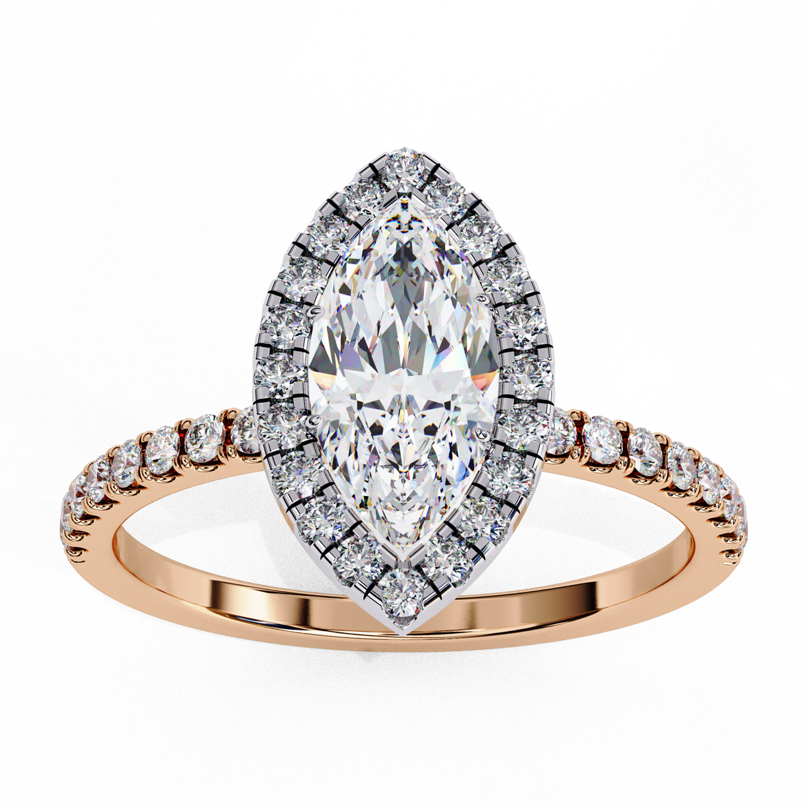 Top-down view of a rose gold marquise cut lab grown diamond engagement ring with a brilliant double halo.