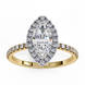 Top-down view of a yellow gold marquise cut lab grown diamond engagement ring with a brilliant double halo.