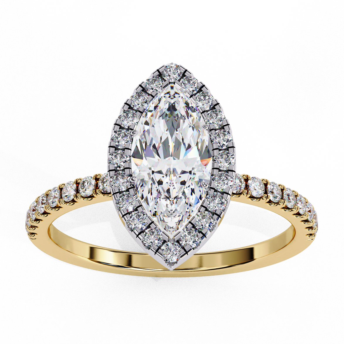 Top-down view of a yellow gold marquise cut lab grown diamond engagement ring with a brilliant double halo.