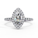Top-down view of a white gold marquise cut lab grown diamond engagement ring with a brilliant double halo.