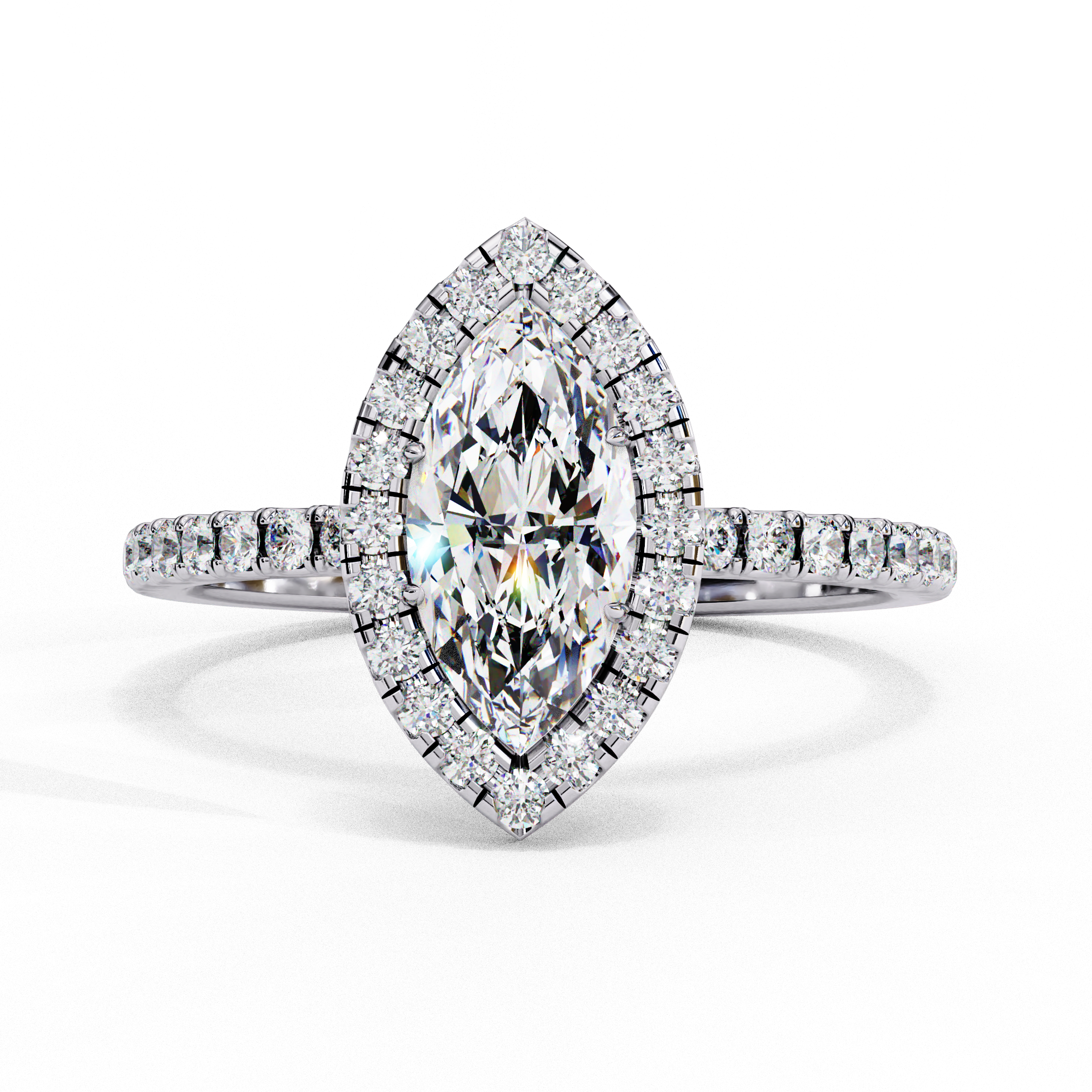 Top-down view of a white gold marquise cut lab grown diamond engagement ring with a brilliant double halo.