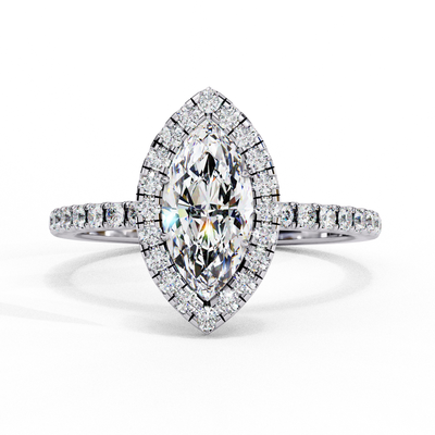 Top-down view of a white gold marquise cut lab grown diamond engagement ring with a brilliant double halo.
