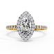 Front view of a yellow gold marquise cut lab grown diamond double halo engagement ring.