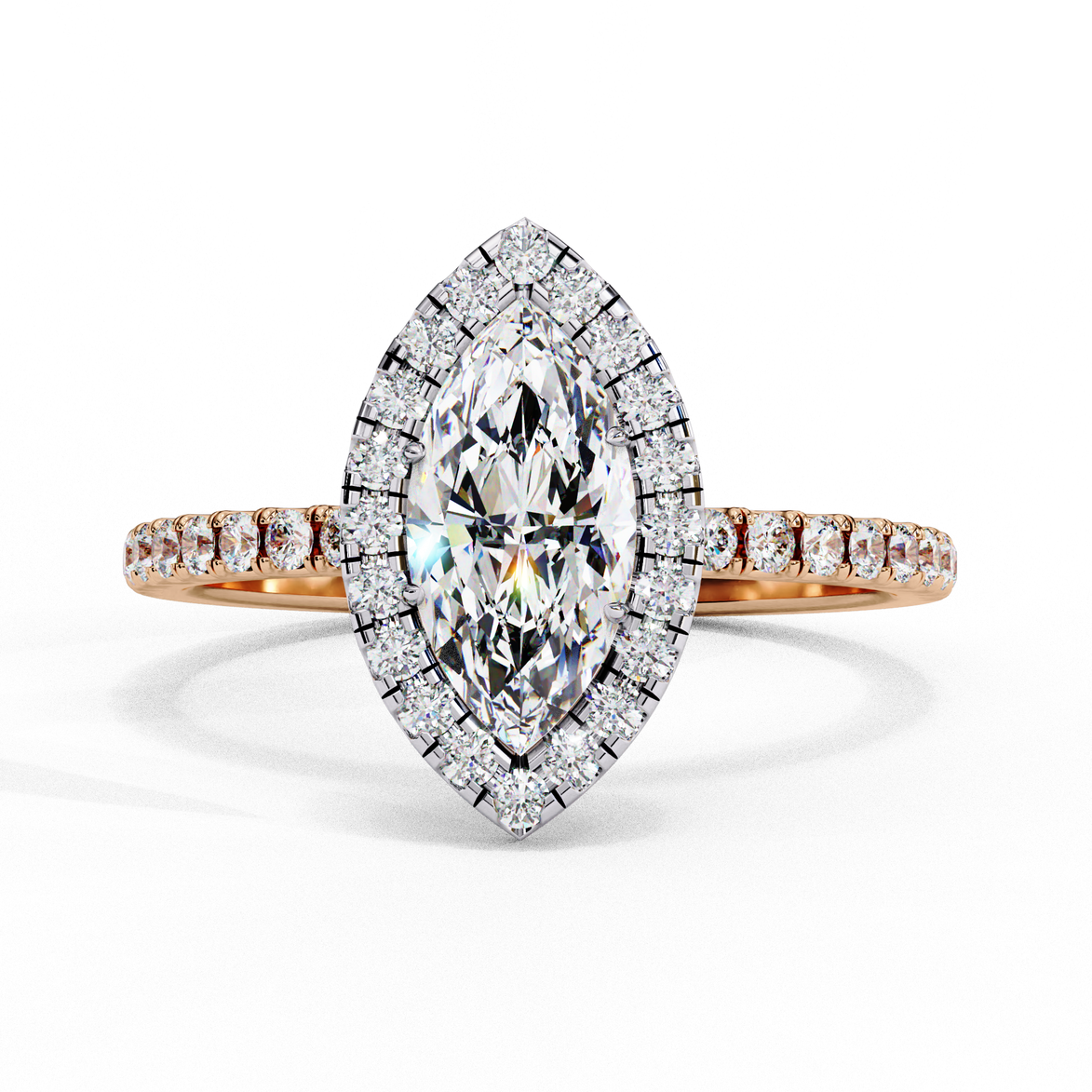 Front view of a rose gold marquise cut lab grown diamond double halo engagement ring.