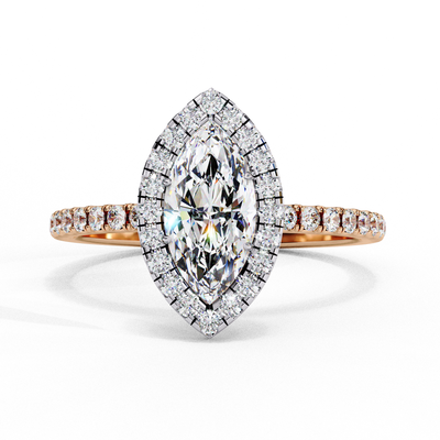 Front view of a rose gold marquise cut lab grown diamond double halo engagement ring.