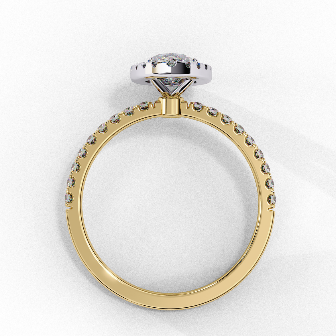 Side profile of a yellow gold marquise cut lab grown diamond engagement ring showing the low-profile basket construction.