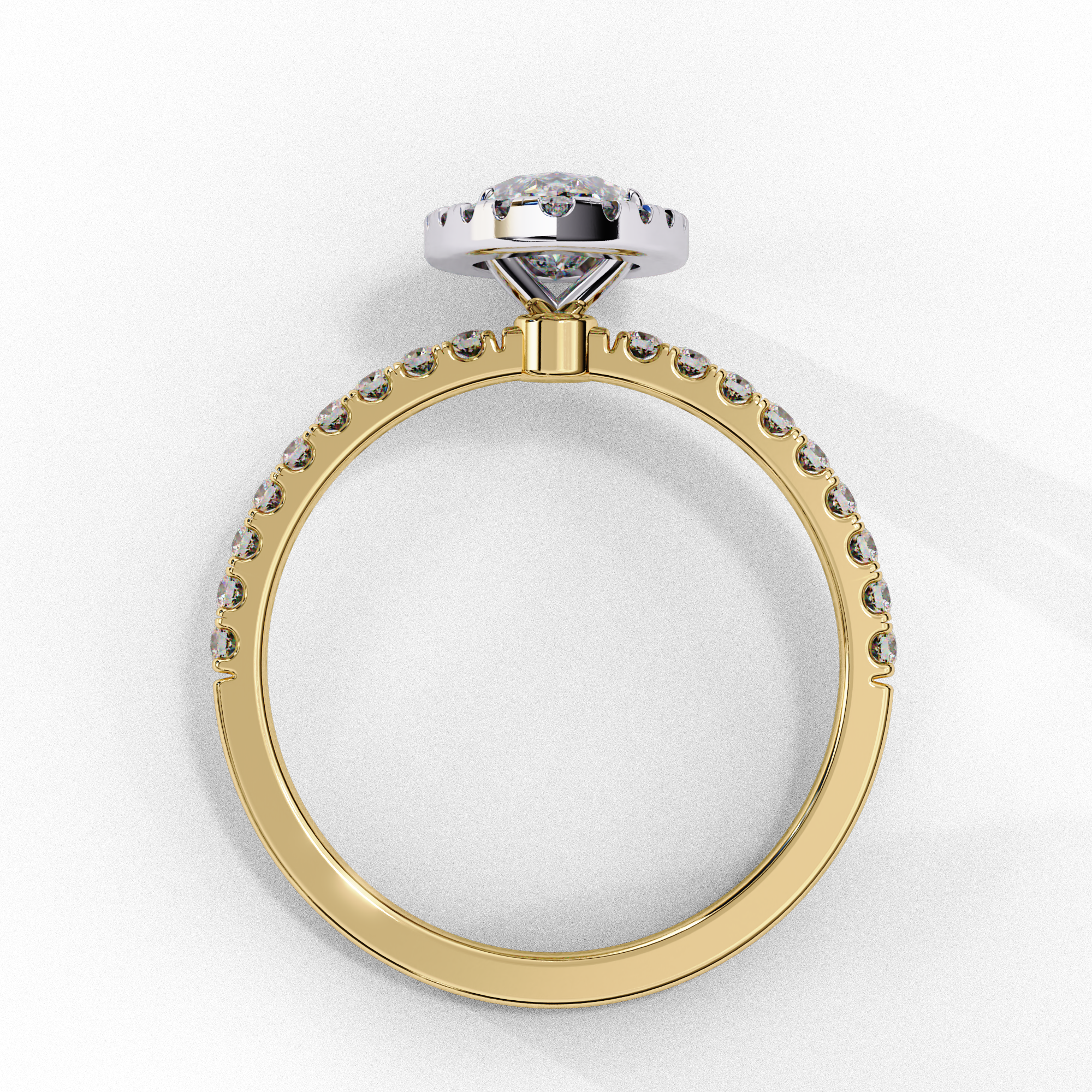Side profile of a yellow gold marquise cut lab grown diamond engagement ring showing the low-profile basket construction.