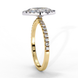 Side profile view of a yellow gold marquise cut lab grown diamond double halo engagement ring showing the pavé band.