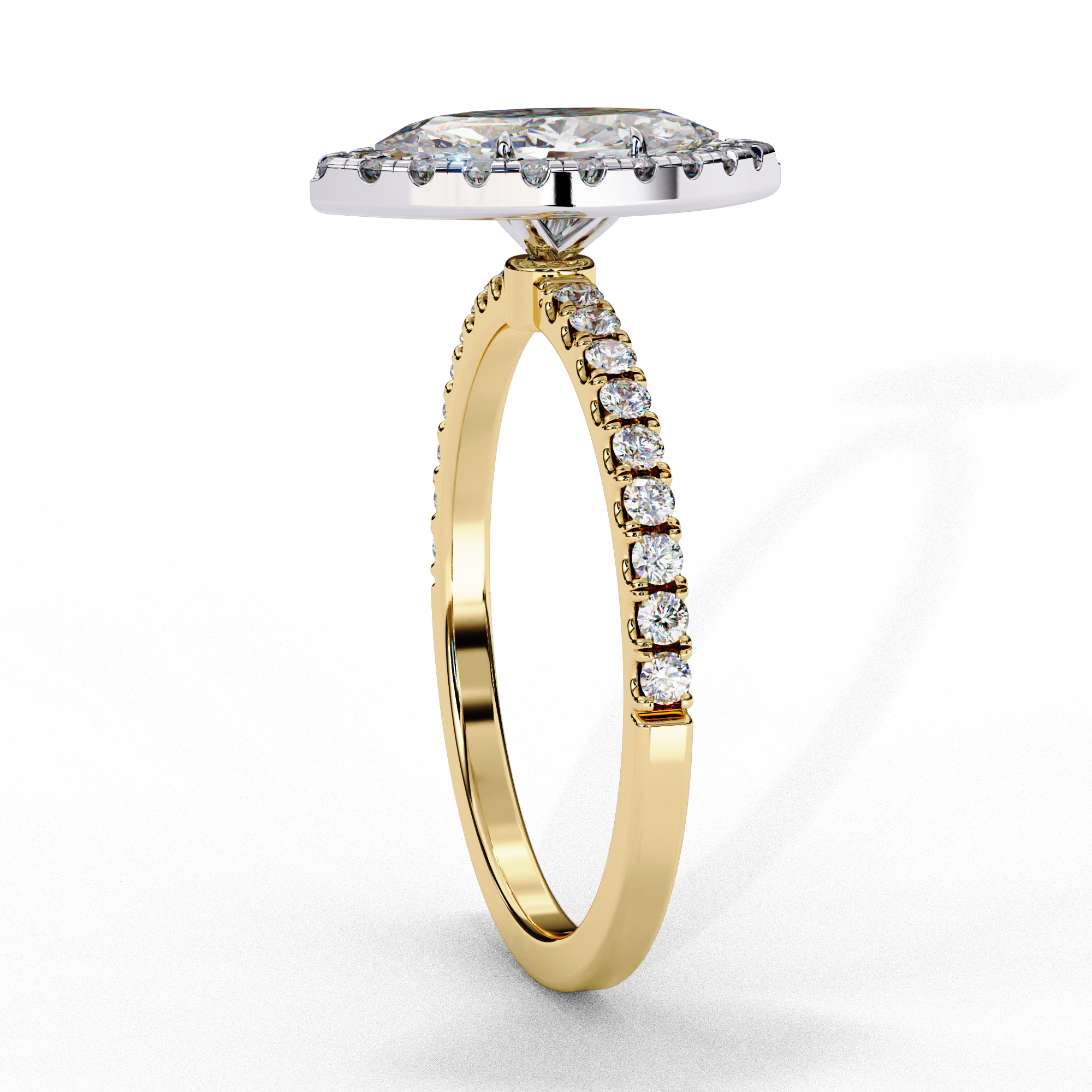 Side profile view of a yellow gold marquise cut lab grown diamond double halo engagement ring showing the pavé band.