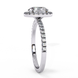 Side profile view of a white gold oval cut diamond engagement ring with a pavé band.