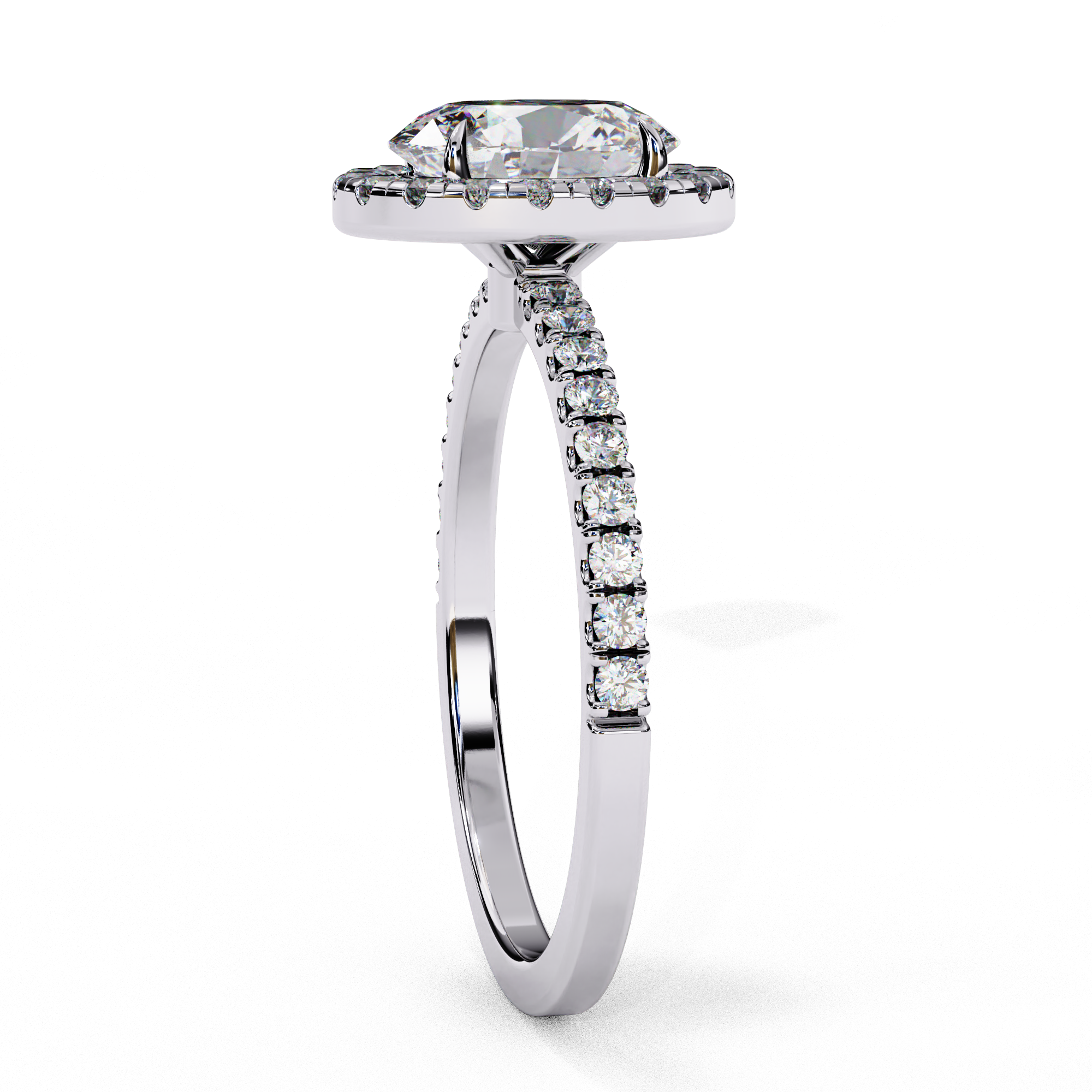 Side profile view of a white gold oval cut diamond engagement ring with a pavé band.