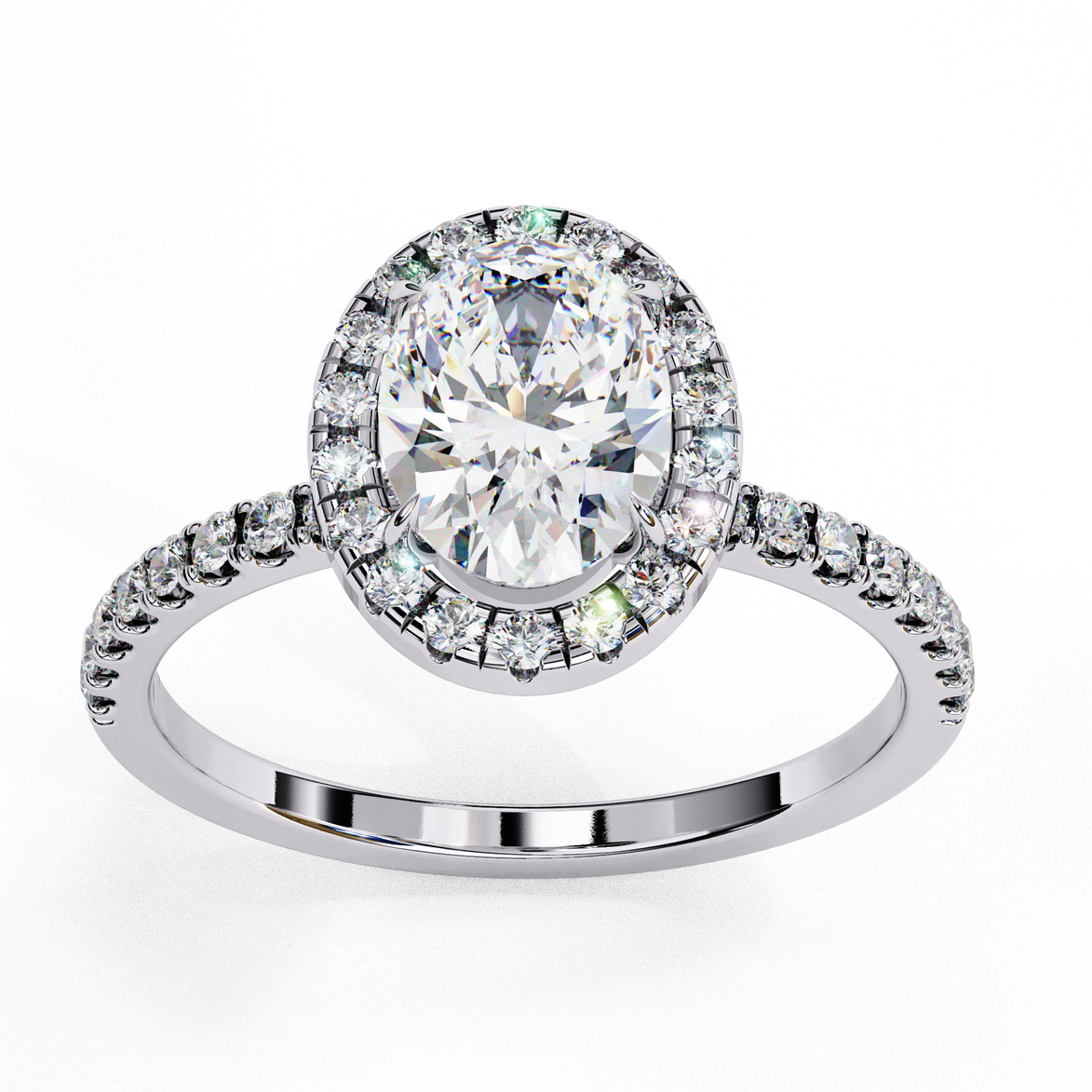 Top-down view of a white gold oval cut diamond engagement ring with a brilliant diamond halo.