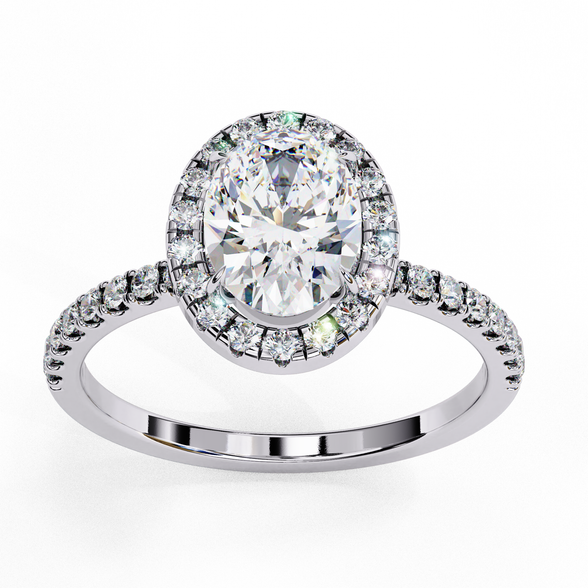 Top-down view of a white gold oval cut diamond engagement ring with a brilliant diamond halo.